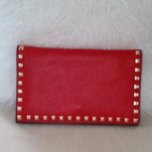 Danier red gold studded smooth leather clutch NWOT